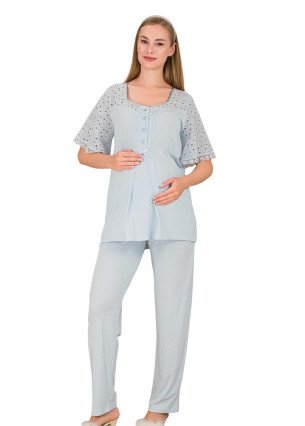 Bebe Mavi Renkli Dantel Detaylı, 33207, 2 Parça Lohusa Hamile Pijama Takımı