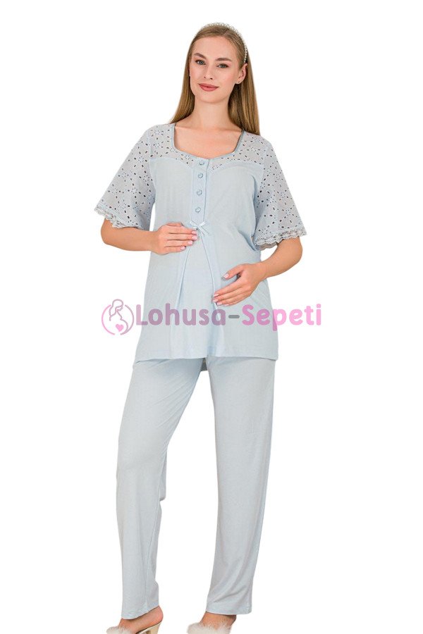 Bebe Mavi Renkli Dantel Detaylı, 33207, 2li Lohusa Hamile Pijama Takımı | Lohusa-Sepeti.com