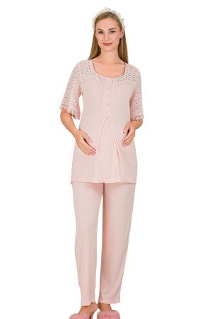Bebe Pembe Renkli Dantel Detaylı, 33207, 2 Parça Lohusa Hamile Pijama Takımı