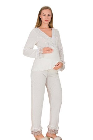 Ekru Renkli Dantel Detaylı, 33208, 2 Parça Lohusa Hamile Pijama Takımı
