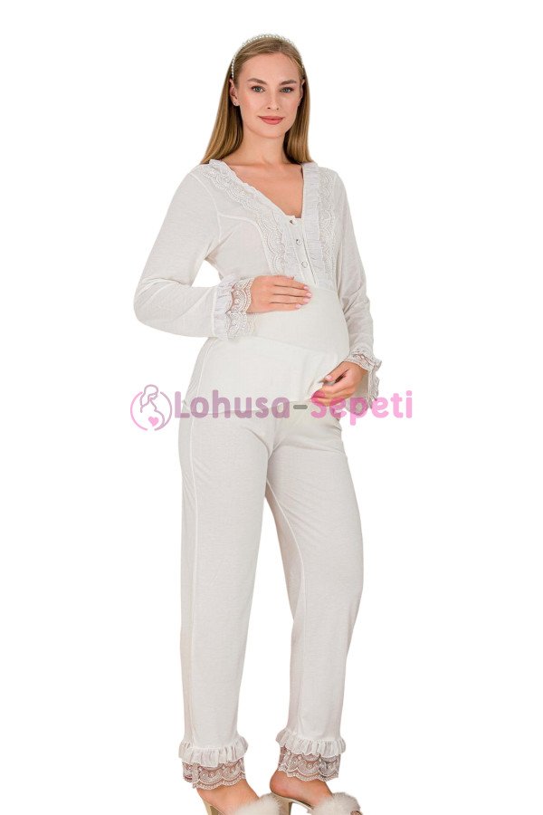 Ekru Renkli Dantel Detaylı, 33208, 2li Lohusa Hamile Pijama Takımı | Lohusa-Sepeti.com