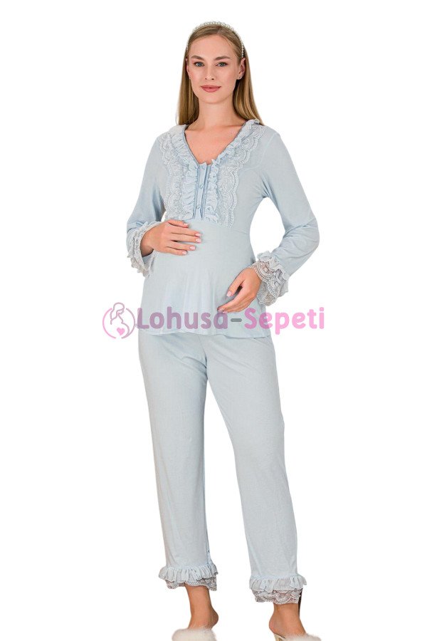 Bebe Mavi Renkli Dantel Detaylı, 33208, 2li Lohusa Hamile Pijama Takımı | Lohusa-Sepeti.com