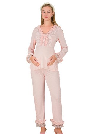 Bebe Pembe Renkli Dantel Detaylı, 33208, 2 Parça Lohusa Hamile Pijama Takımı