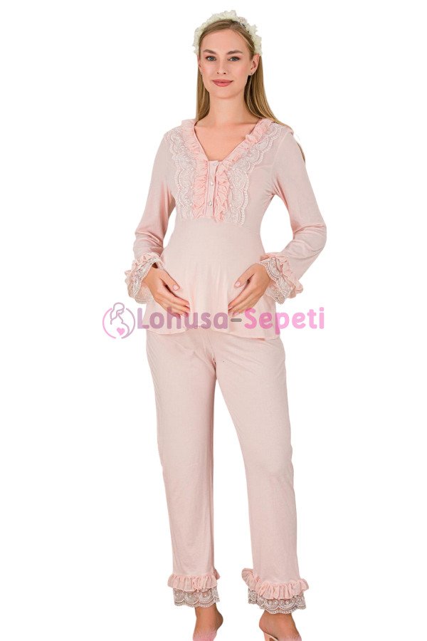 Bebe Pembe Renkli Dantel Detaylı, 33208, 2li Lohusa Hamile Pijama Takımı | Lohusa-Sepeti.com